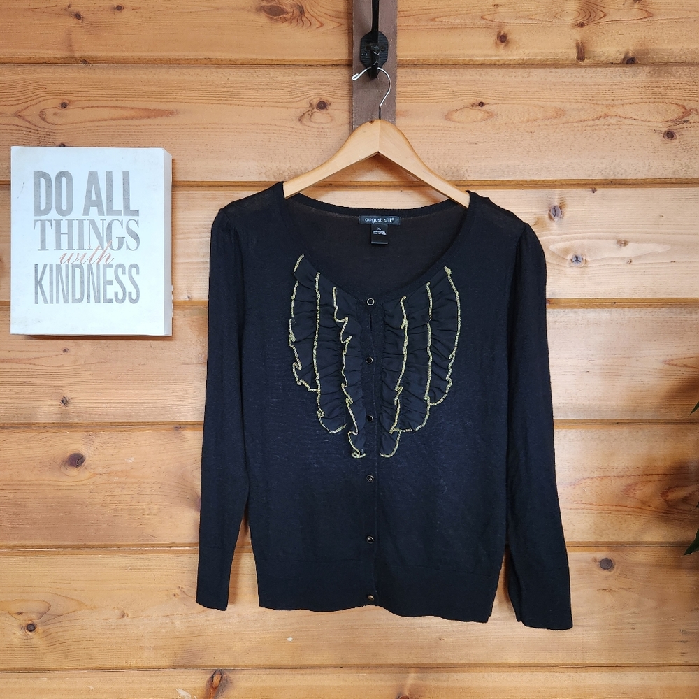 August Silk & Wool Blend Black Gold Cardigan Sweater Button Front Ruffle Sz XL